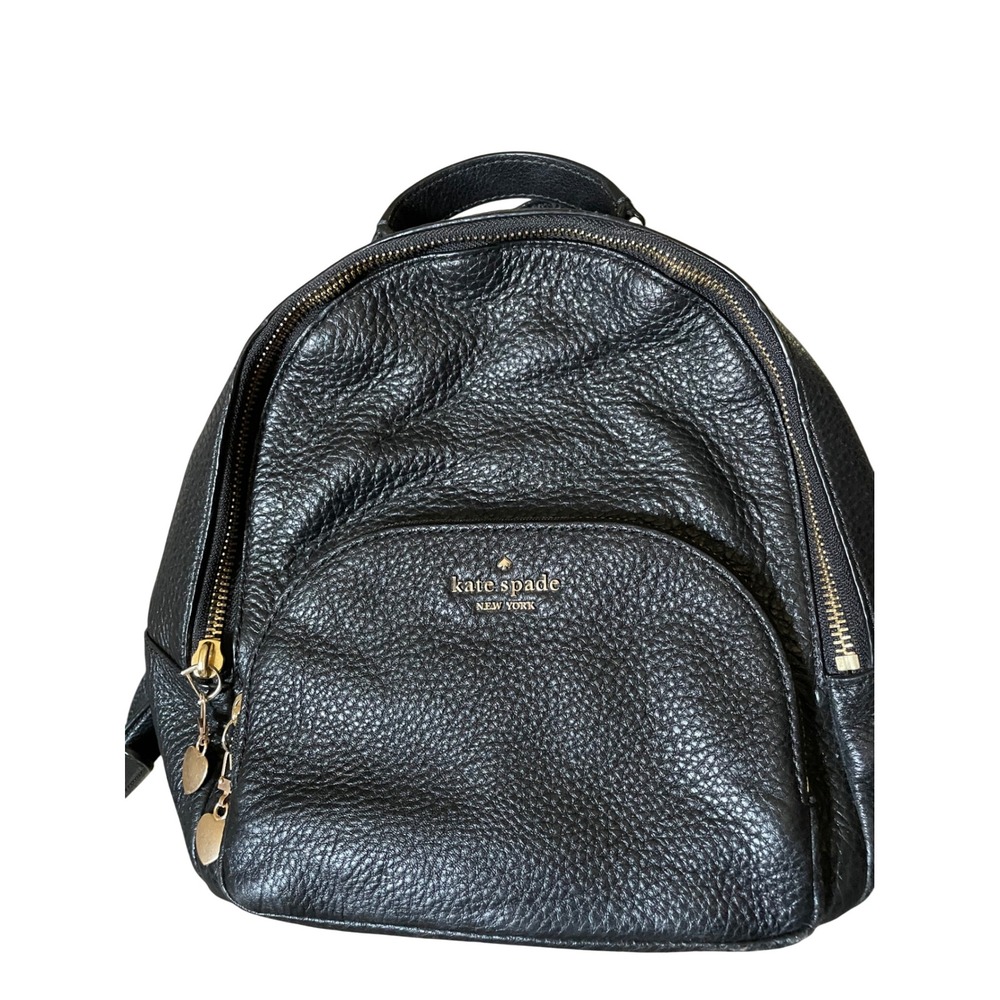 Kate Spade NY Black Pebbled Leather Med Jackson Backpack Gold Heart Zipper Pulls